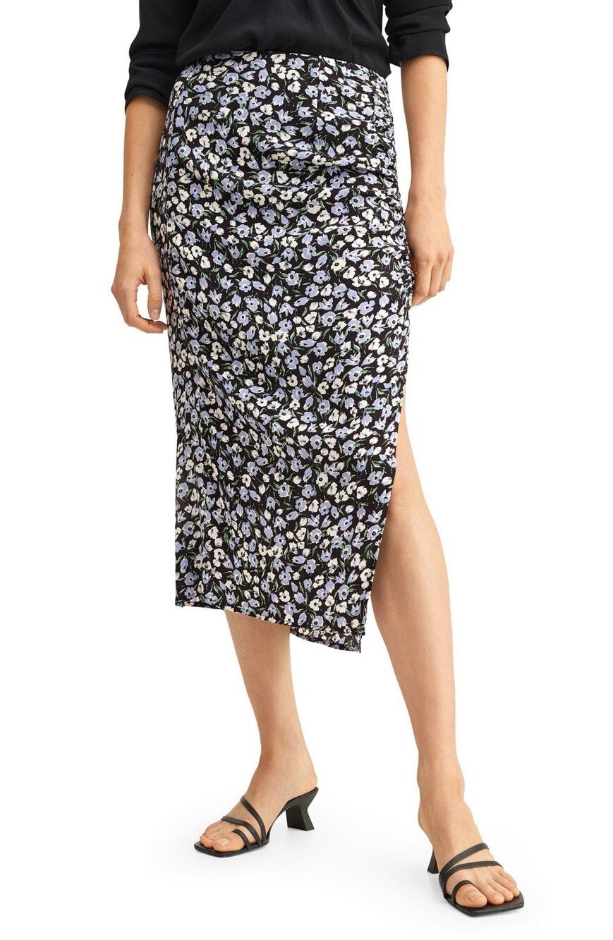 MNG Mango Floral Side Slit Midi Skirt Black Blue Cottage Feminine
